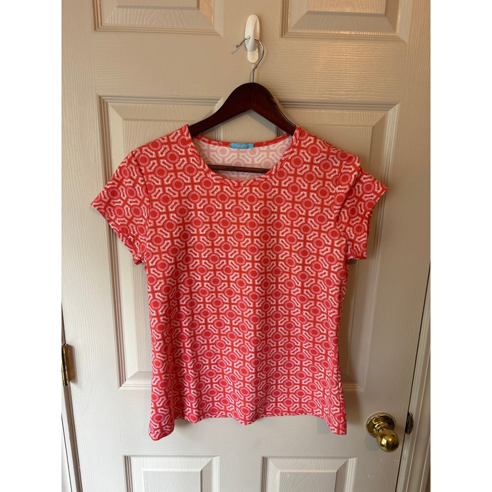 J.McLaughlin Short Sleeve Tee Women L Red Geometric Stretch Casual Top